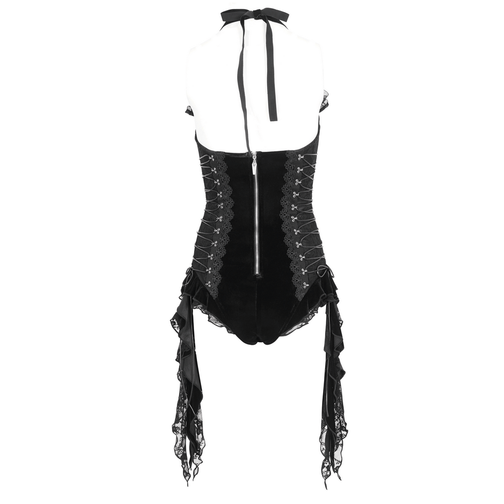 Black Velvet Lace Trim Halter Bodysuit Lingerie