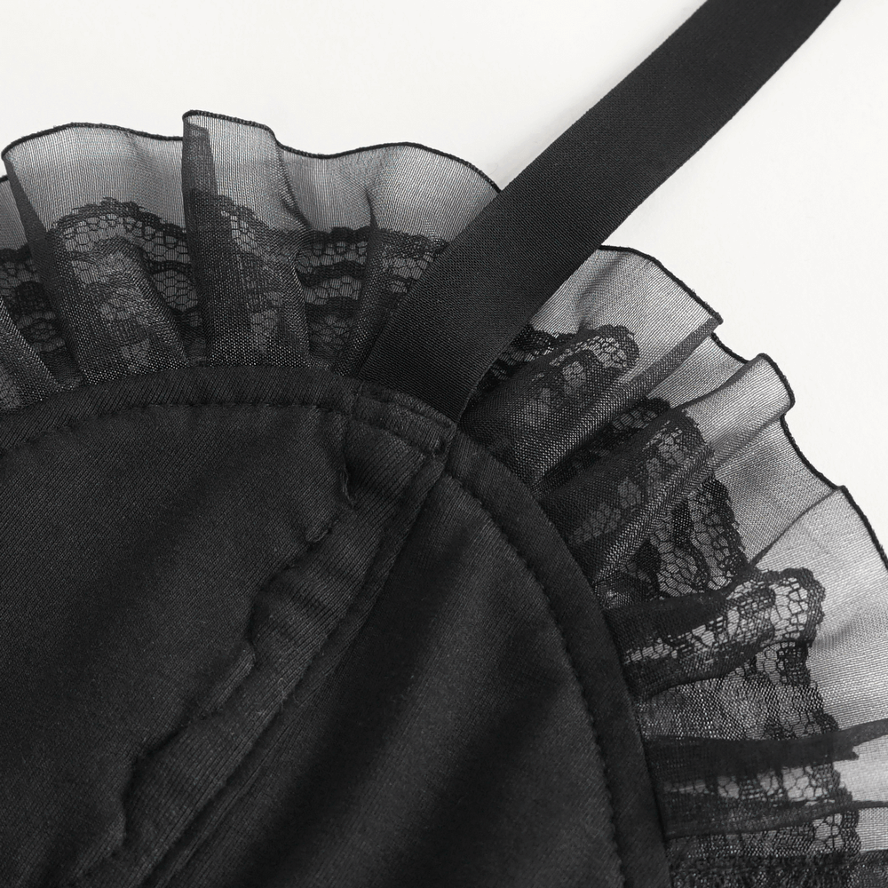 Black Velvet Lace Trim Halter Bodysuit Lingerie