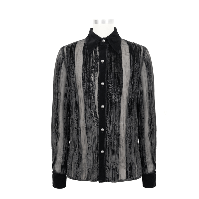 Black Velvet Shirt with Transparent Stripes / Gothic Elegant Shirt with Silver Buttons