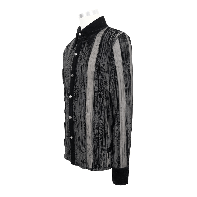 Black Velvet Shirt with Transparent Stripes / Gothic Elegant Shirt with Silver Buttons
