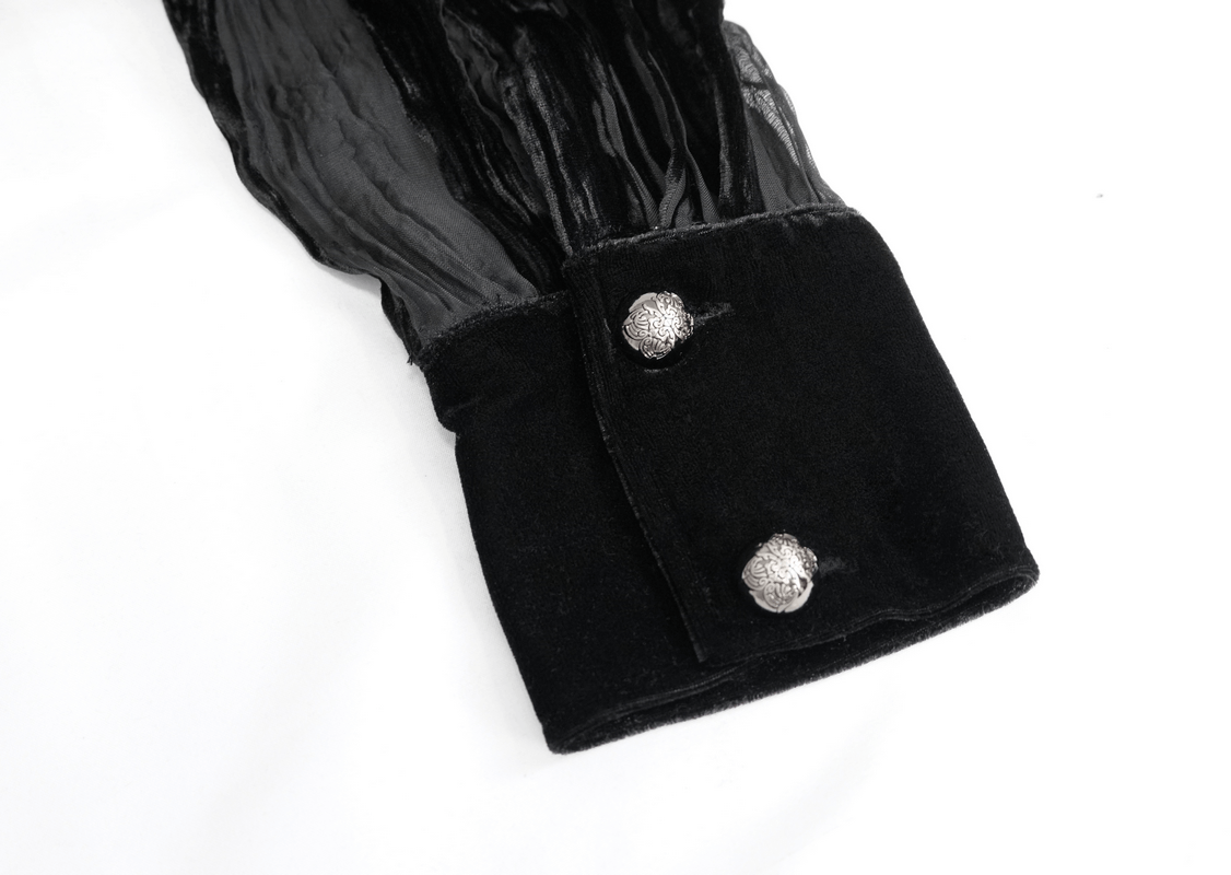 Black Velvet Shirt with Transparent Stripes / Gothic Elegant Shirt with Silver Buttons