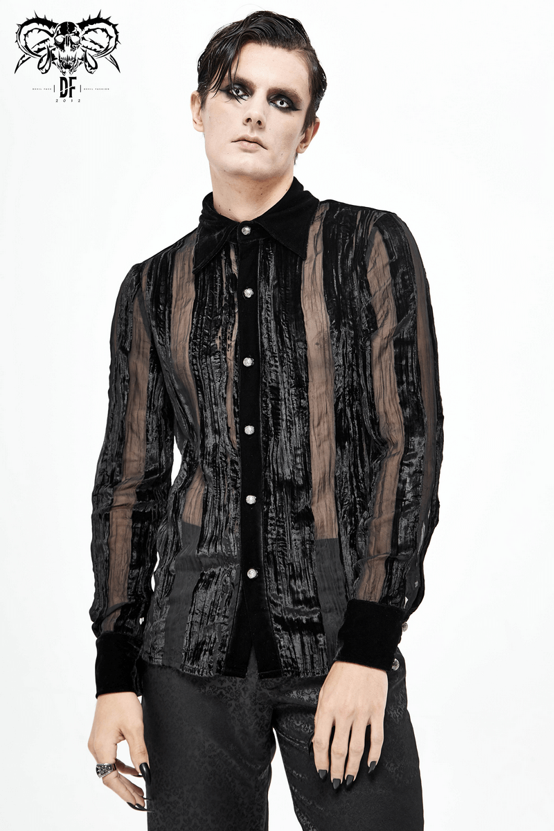Black Velvet Shirt with Transparent Stripes / Gothic Elegant Shirt with Silver Buttons