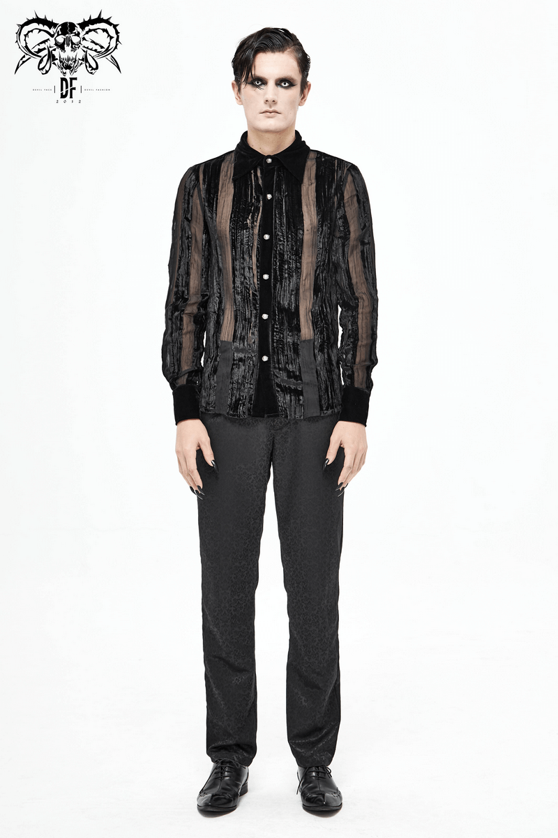 Black Velvet Shirt with Transparent Stripes / Gothic Elegant Shirt with Silver Buttons