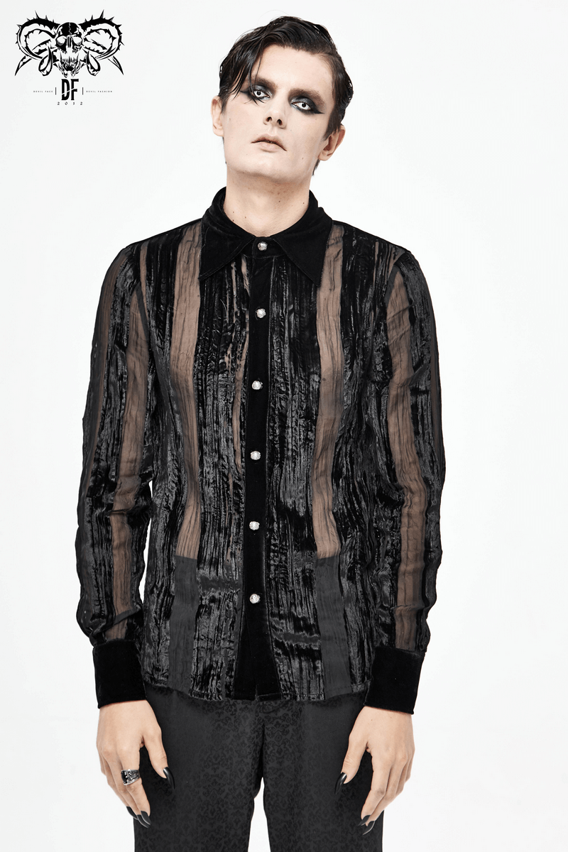 Black Velvet Shirt with Transparent Stripes / Gothic Elegant Shirt with Silver Buttons