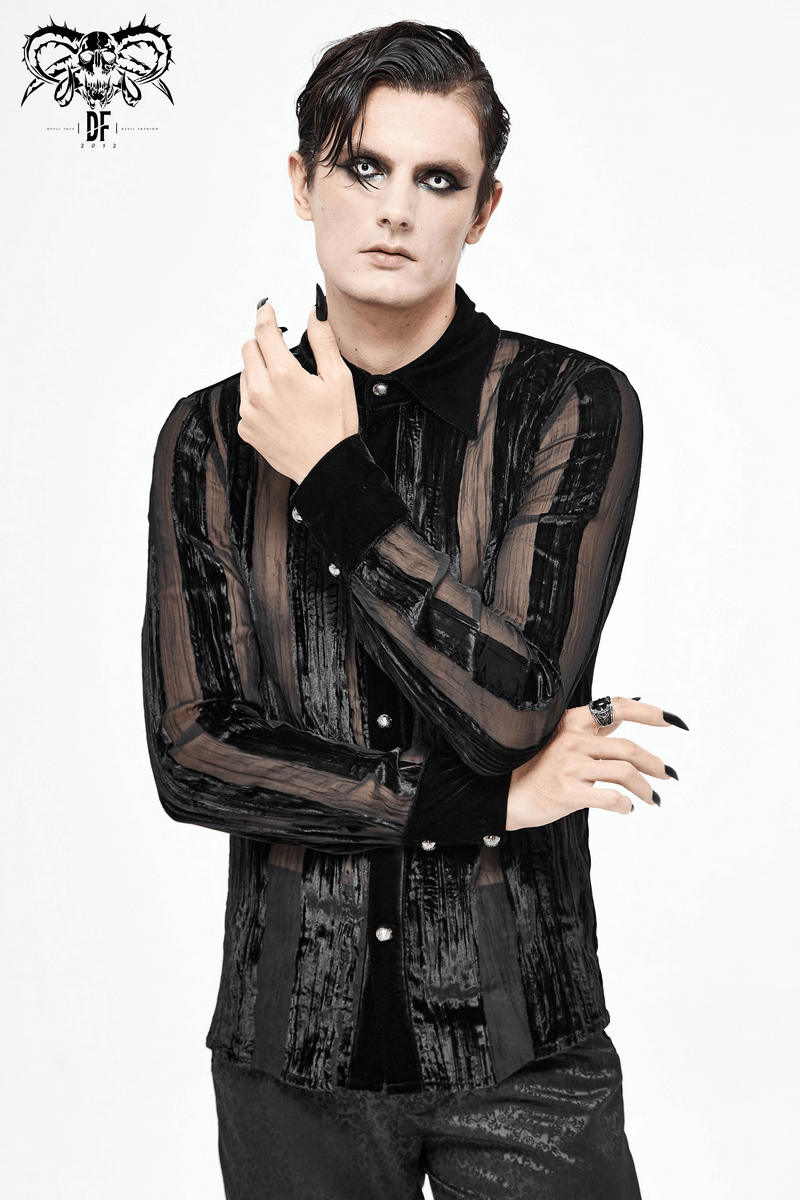 Black Velvet Shirt with Transparent Stripes / Gothic Elegant Shirt with Silver Buttons