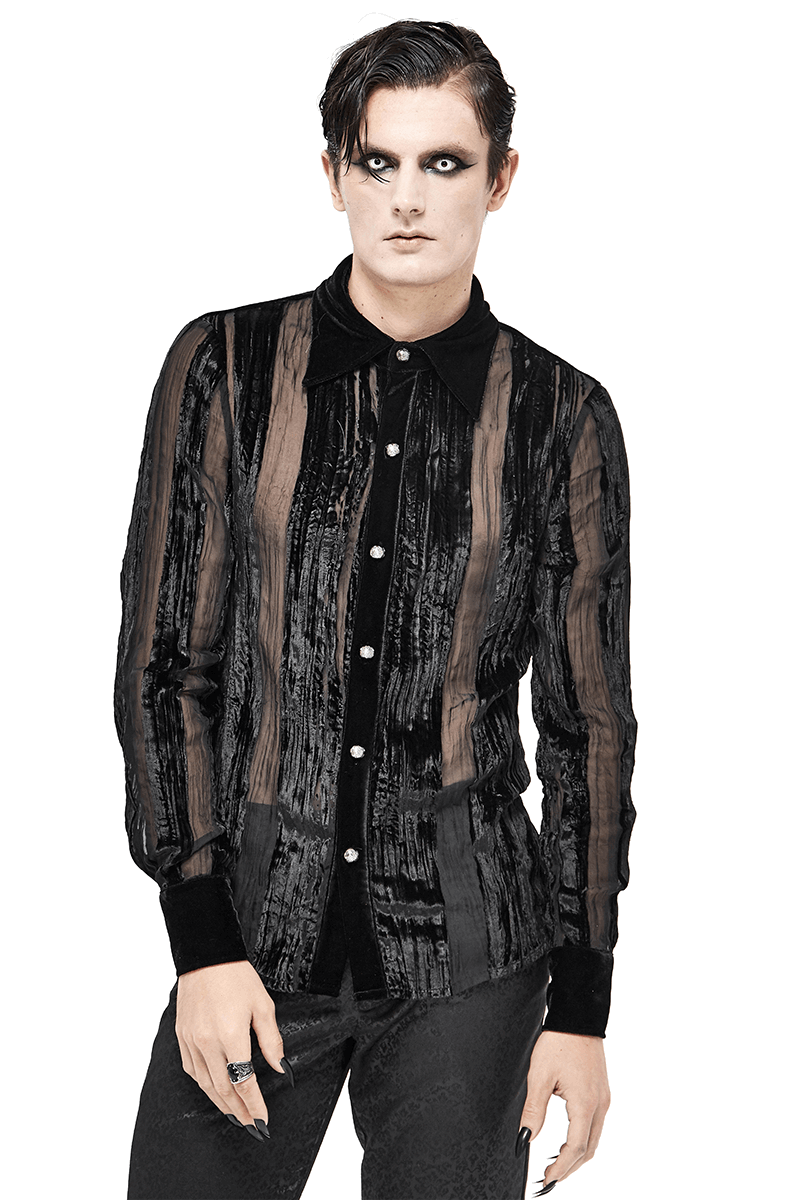 Black Velvet Shirt with Transparent Stripes / Gothic Elegant Shirt with Silver Buttons