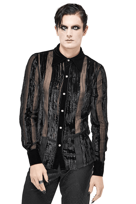 Black Velvet Shirt with Transparent Stripes / Gothic Elegant Shirt with Silver Buttons