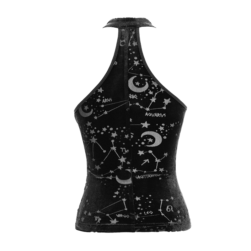Black Velvet Tank Top With Embroidery Neckline and Astrology Pattern / Gothic Clothing for Women