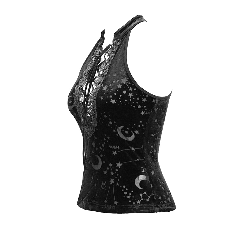 Black Velvet Tank Top With Embroidery Neckline and Astrology Pattern / Gothic Clothing for Women