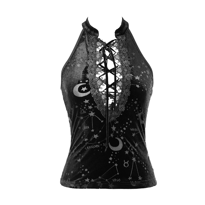 Black Velvet Tank Top With Embroidery Neckline and Astrology Pattern / Gothic Clothing for Women