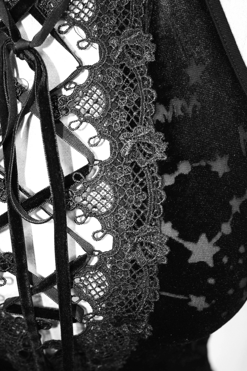 Black Velvet Tank Top With Embroidery Neckline and Astrology Pattern / Gothic Clothing for Women