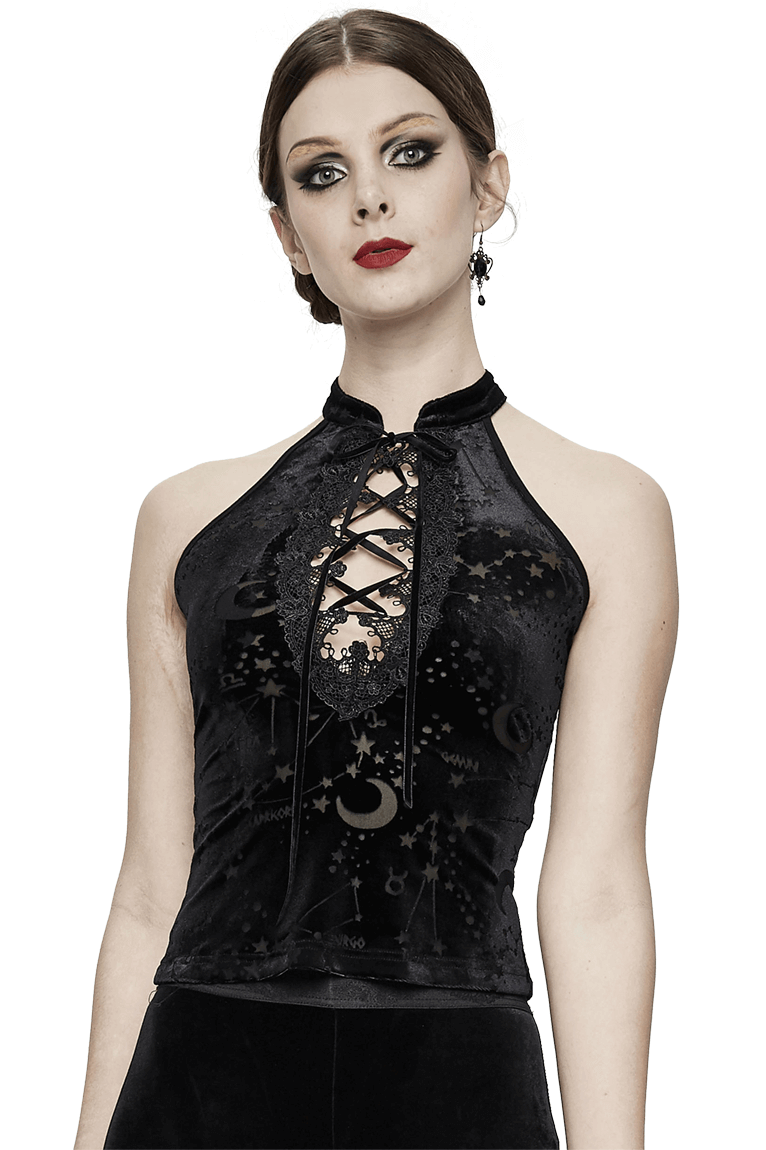 Black Velvet Tank Top With Embroidery Neckline and Astrology Pattern / Gothic Clothing for Women