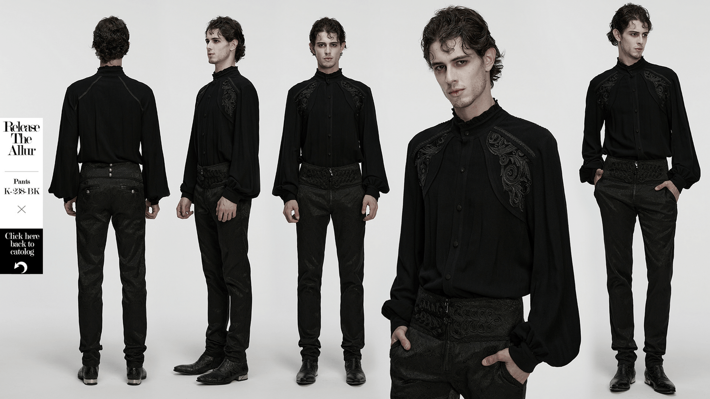 Black Victorian Embroidered Shirt with Lantern Sleeves