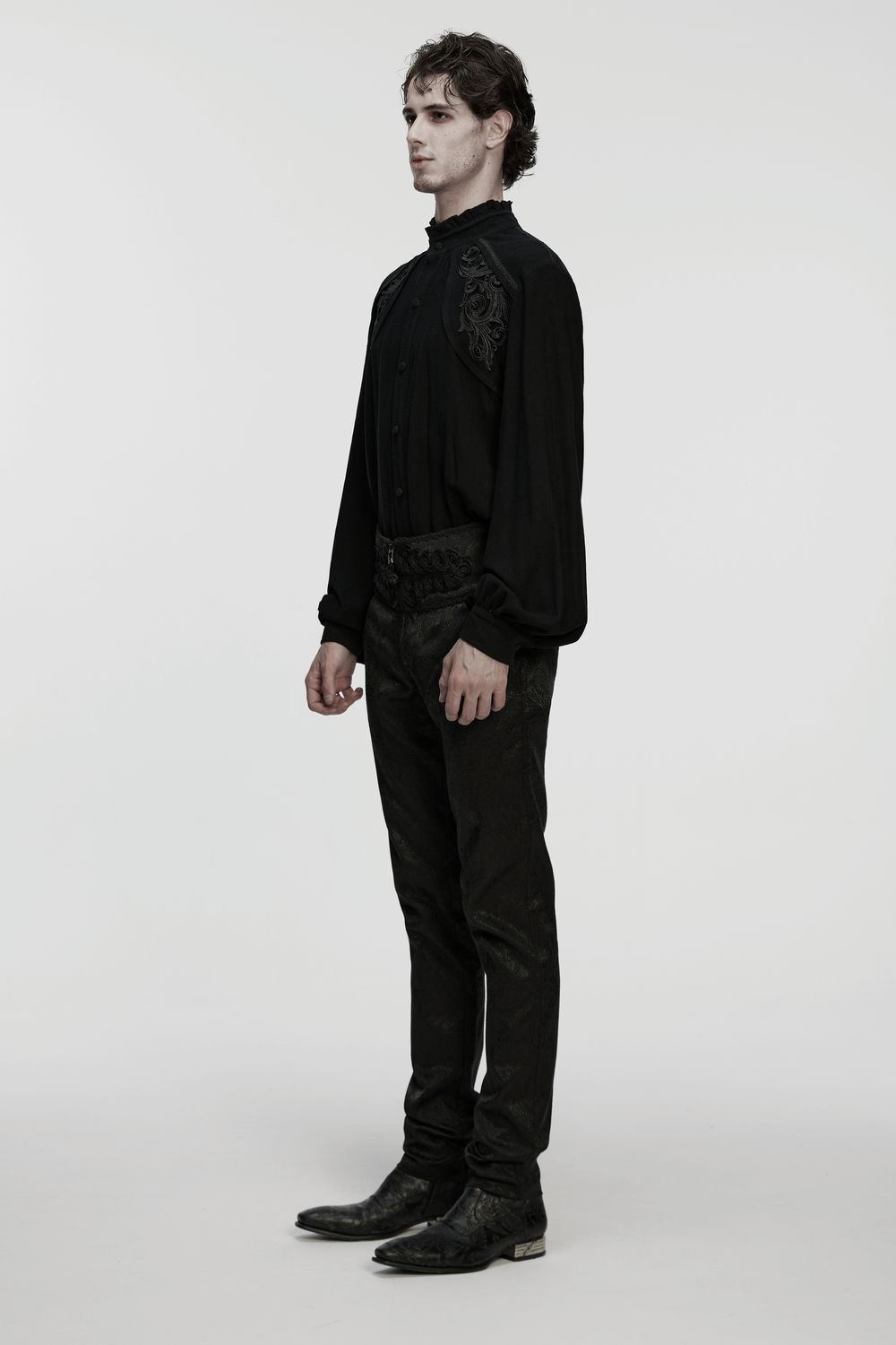 Black Victorian Embroidered Shirt with Lantern Sleeves