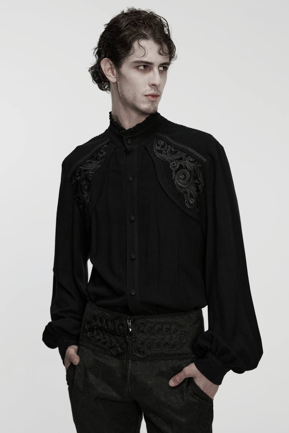 Black Victorian Embroidered Shirt with Lantern Sleeves