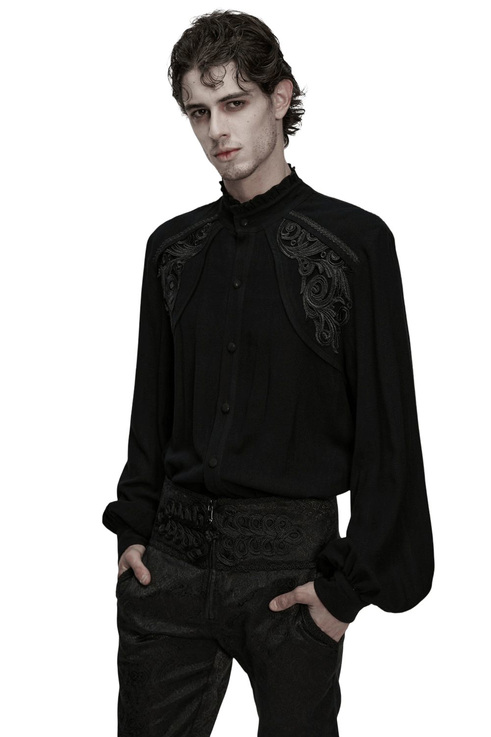 Black Victorian Embroidered Shirt with Lantern Sleeves