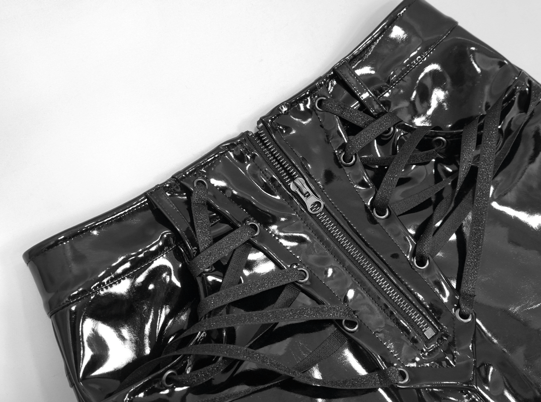 Black Vinil Mini Skirt with Pockets / Gothic Style Zipper Skirt with Lacings on Front