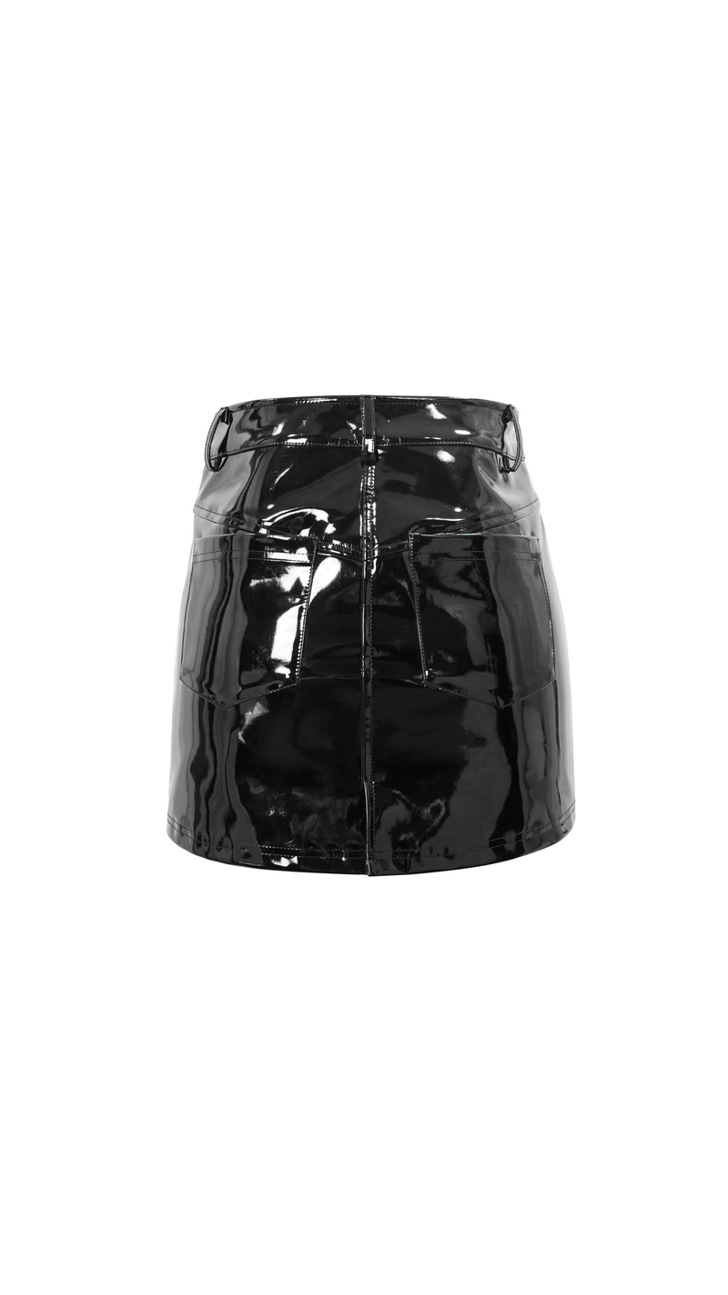 Black Vinil Mini Skirt with Pockets / Gothic Style Zipper Skirt with Lacings on Front