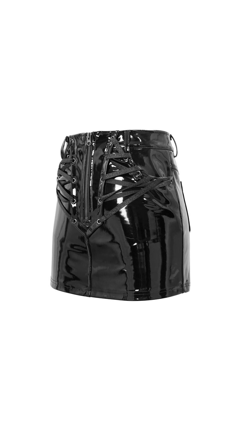 Black Vinil Mini Skirt with Pockets / Gothic Style Zipper Skirt with Lacings on Front