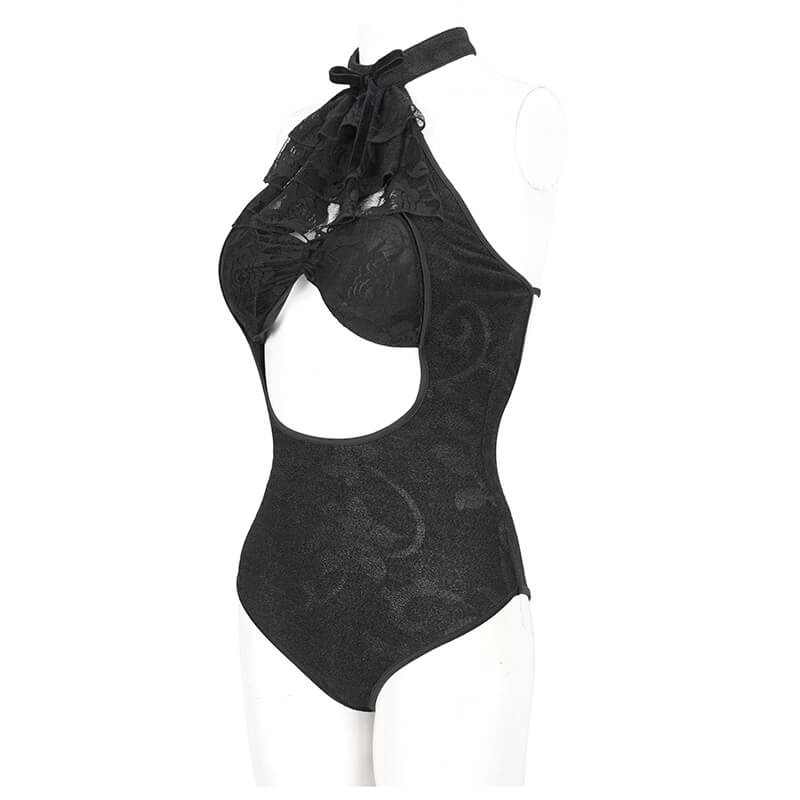 Black Vintage Cutout One-Piece Swimsuit / Women's Gothiс Swimsuit with Lace Ruffle and Bowtie