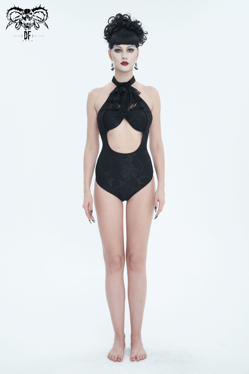 Black Vintage Cutout One-Piece Swimsuit / Women's Gothiс Swimsuit with Lace Ruffle and Bowtie