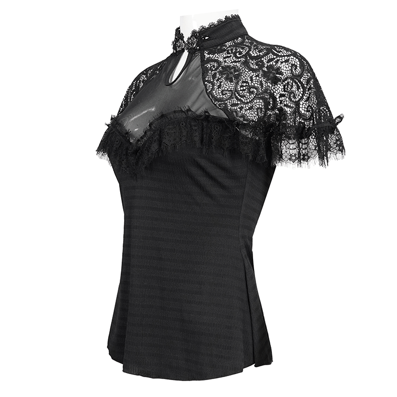 Black Vintage Lace Short Raglan Sleeves T-Shirt For Women / Gothic Female V-Neck Slim T-Shirts
