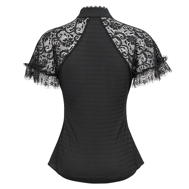 Black Vintage Lace Short Raglan Sleeves T-Shirt For Women / Gothic Female V-Neck Slim T-Shirts
