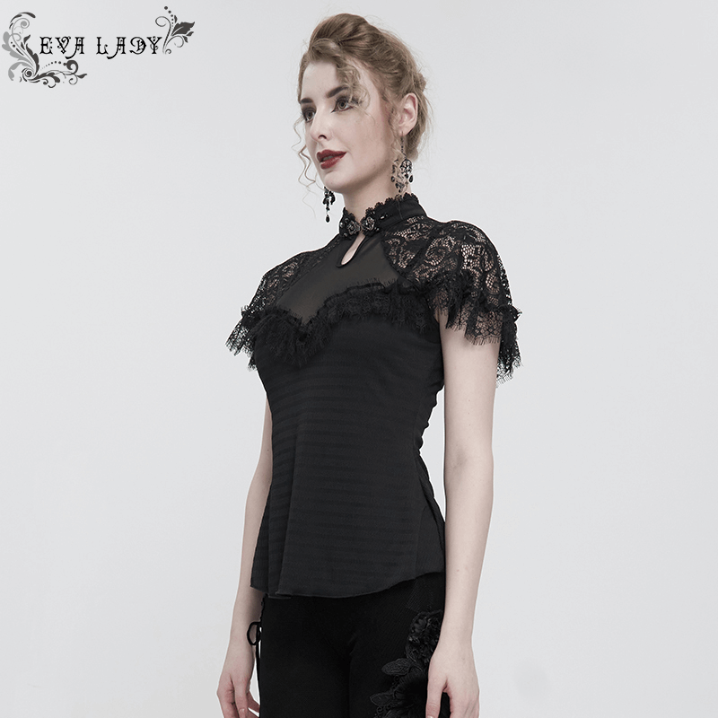 Black Vintage Lace Short Raglan Sleeves T-Shirt For Women / Gothic Female V-Neck Slim T-Shirts