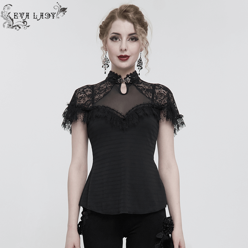 Black Vintage Lace Short Raglan Sleeves T-Shirt For Women / Gothic Female V-Neck Slim T-Shirts