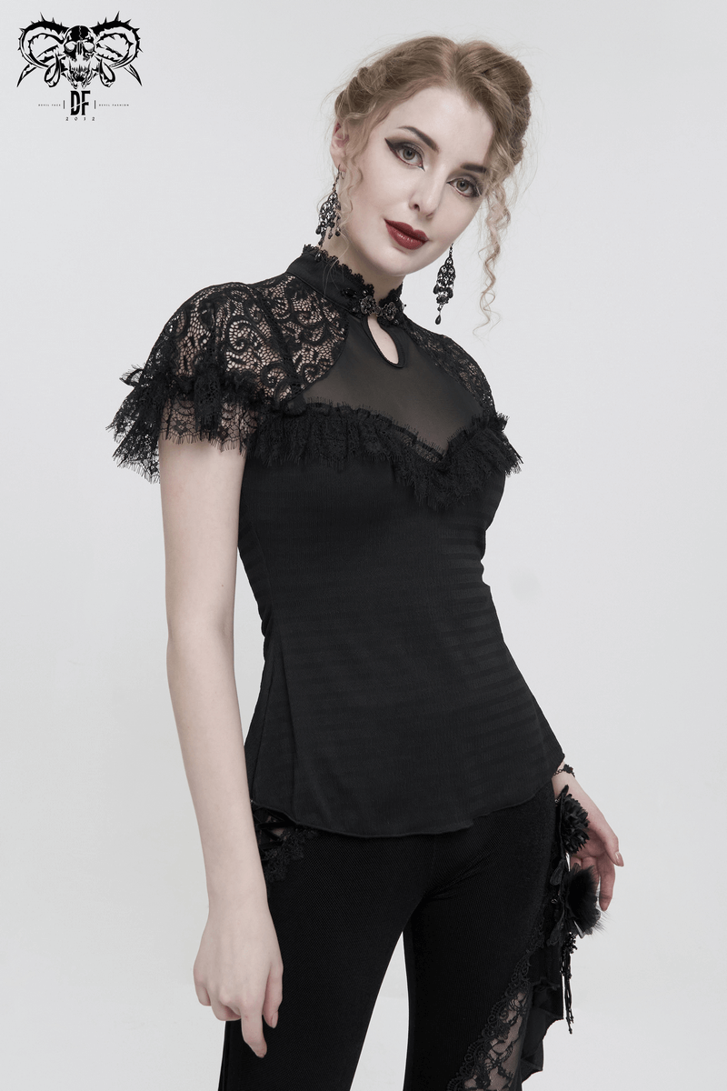Black Vintage Lace Short Raglan Sleeves T-Shirt For Women / Gothic Female V-Neck Slim T-Shirts