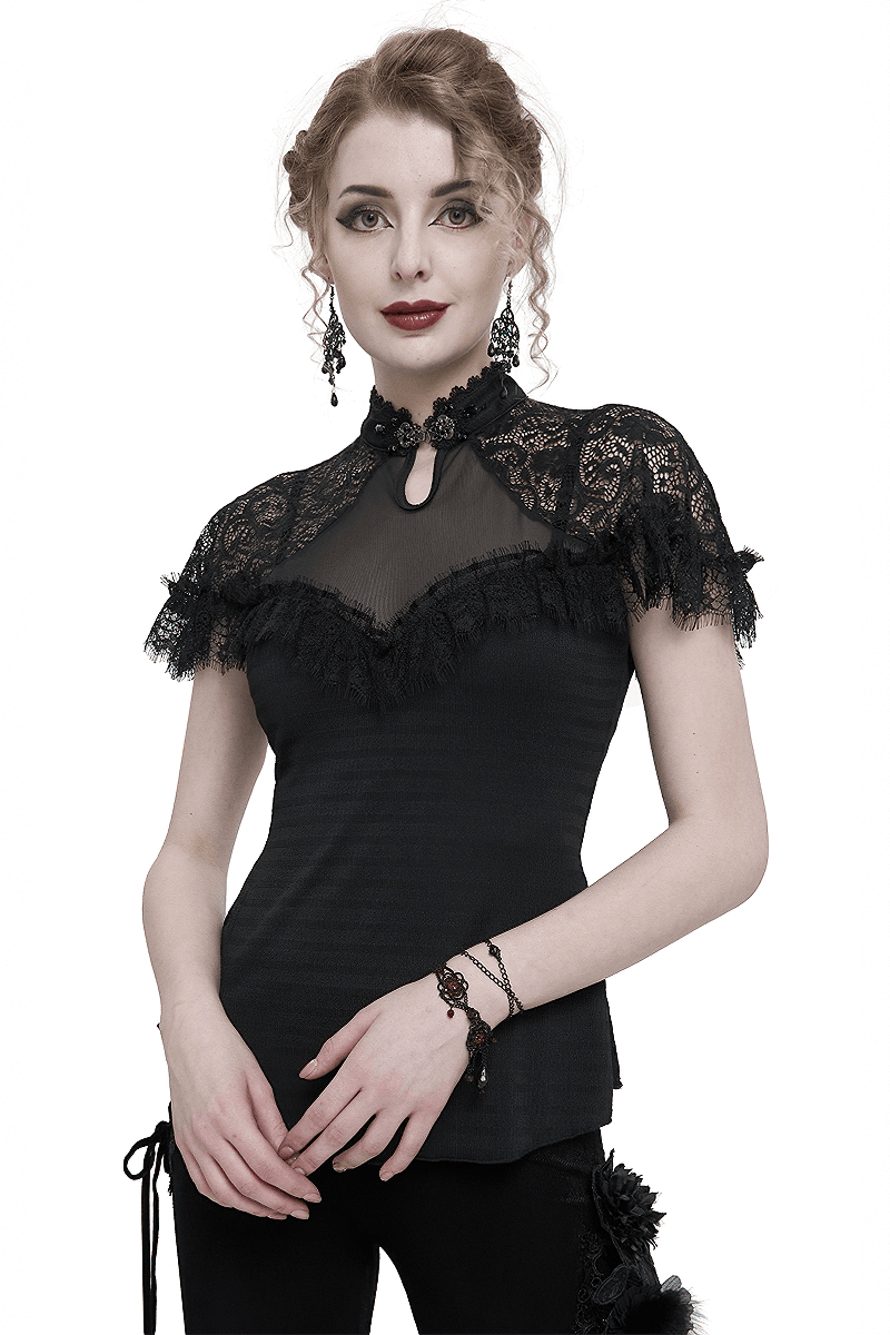 Black Vintage Lace Short Raglan Sleeves T-Shirt For Women / Gothic Female V-Neck Slim T-Shirts