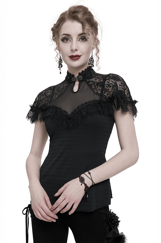 Black Vintage Lace Short Raglan Sleeves T-Shirt For Women / Gothic Female V-Neck Slim T-Shirts