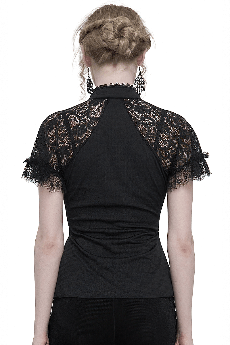 Black Vintage Lace Short Raglan Sleeves T-Shirt For Women / Gothic Female V-Neck Slim T-Shirts