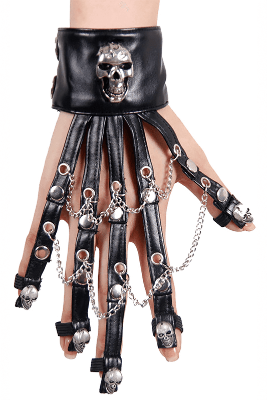 Black Women's Leather Glove with Chains and Skulls / Dark Gothic Fashion Accesories