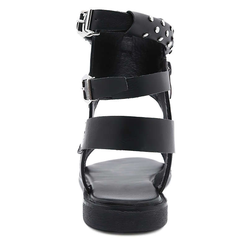 Black Women's Flat Sandals / Female Fashion Shoes With Ankle Strap And Metal Rivets