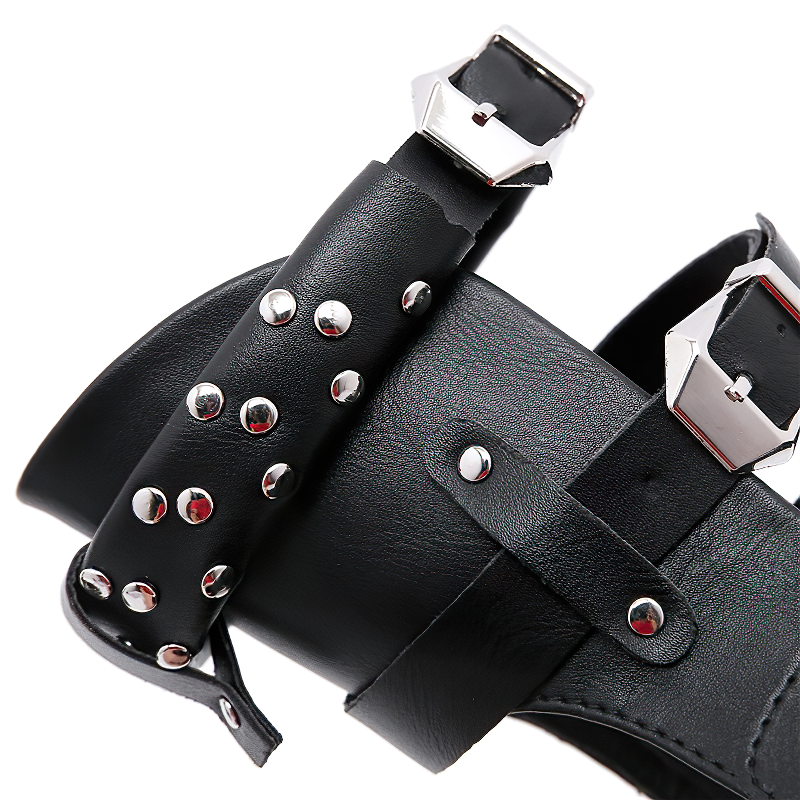 Black Women's Flat Sandals / Female Fashion Shoes With Ankle Strap And Metal Rivets