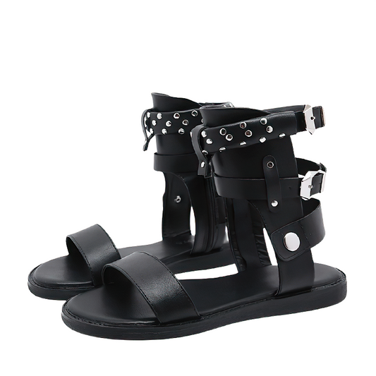 Black Women's Flat Sandals / Female Fashion Shoes With Ankle Strap And Metal Rivets