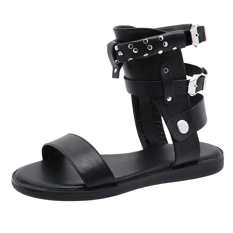 Black Women's Flat Sandals / Female Fashion Shoes With Ankle Strap And Metal Rivets