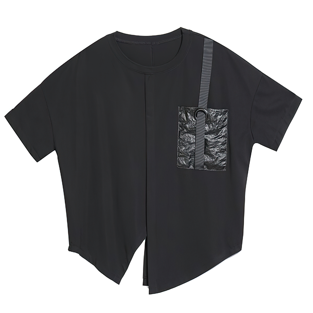 Black Women's Irregular T-Shirt with Pocket & Ribbon / Loose Casual O-Neck Short Sleeve Tshirt