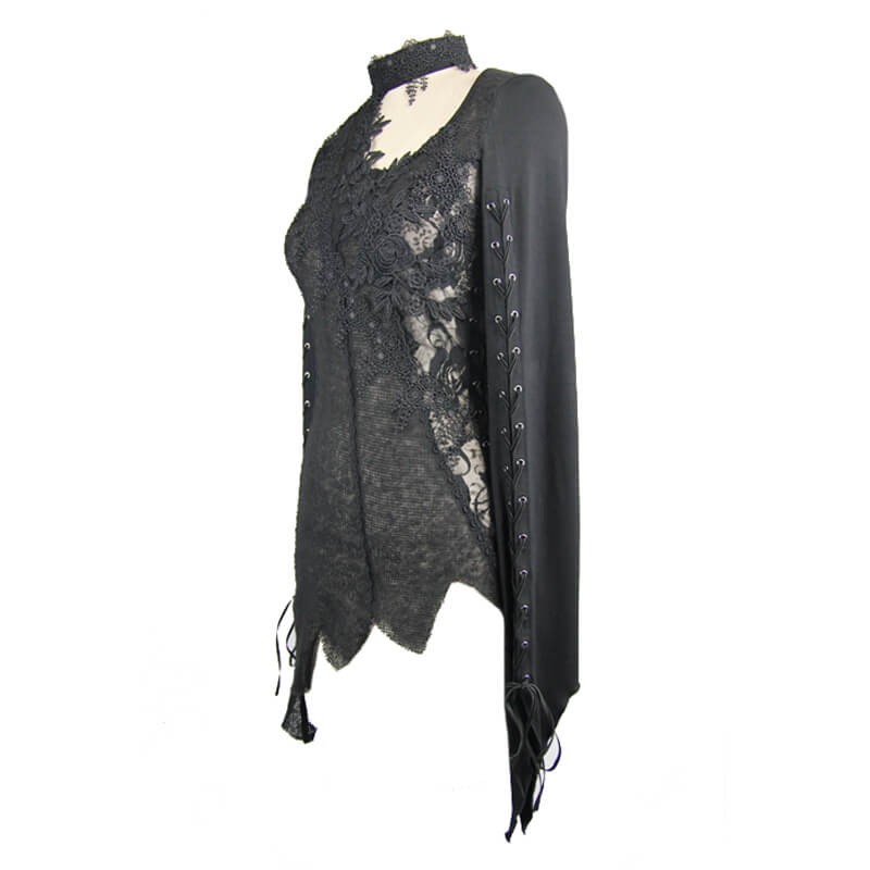 Black Women's Sexy Lace Top in Gothic Style / Asymmetric Embroidered O-Neck Top