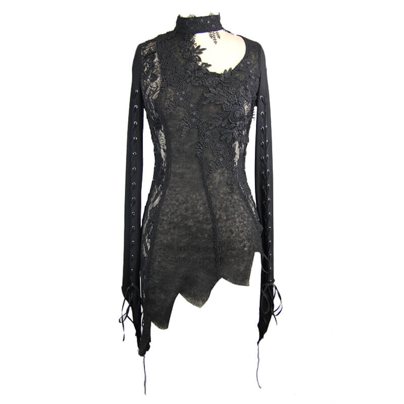 Black Women's Sexy Lace Top in Gothic Style / Asymmetric Embroidered O-Neck Top