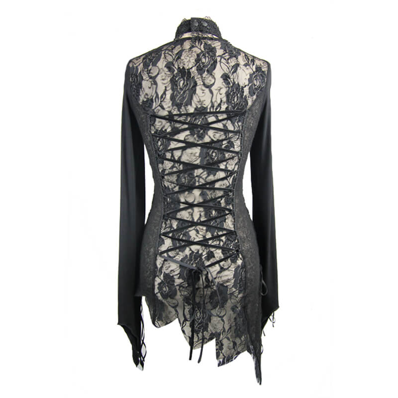 Black Women's Sexy Lace Top in Gothic Style / Asymmetric Embroidered O-Neck Top
