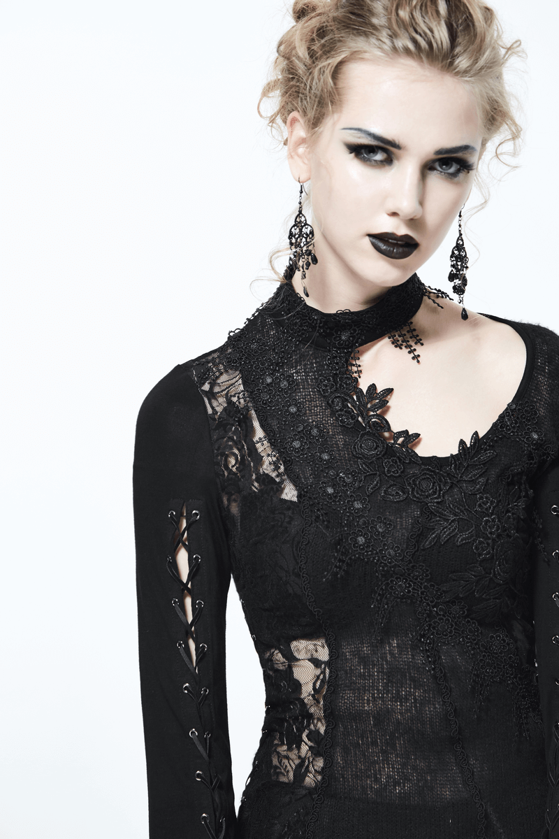 Black Women's Sexy Lace Top in Gothic Style / Asymmetric Embroidered O-Neck Top