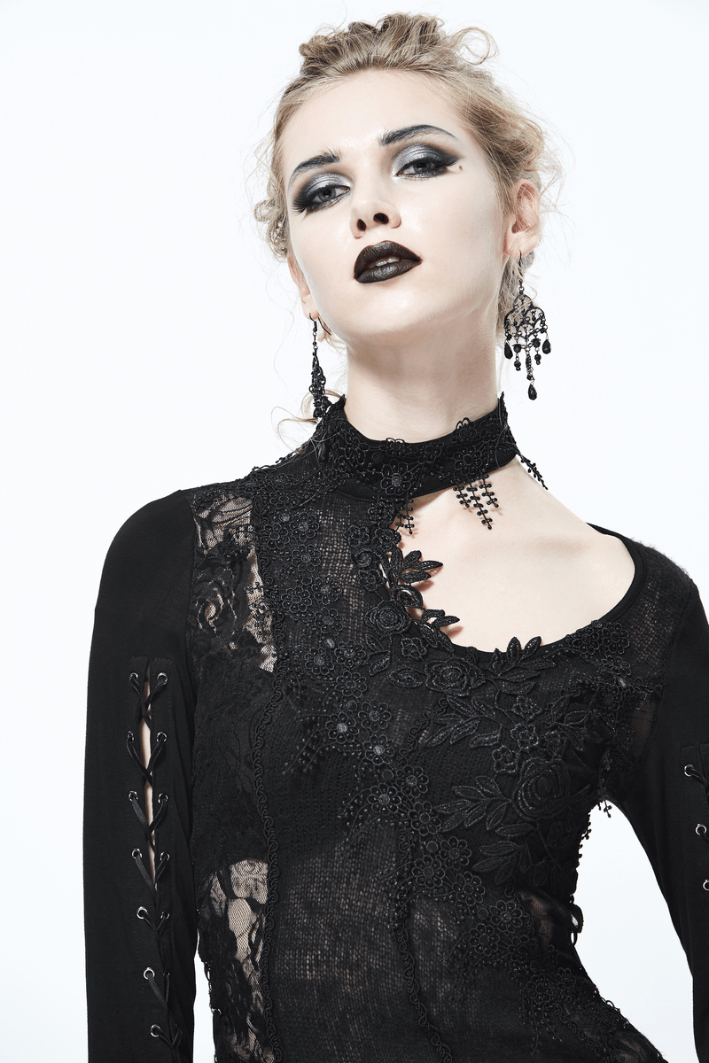 Black Women's Sexy Lace Top in Gothic Style / Asymmetric Embroidered O-Neck Top