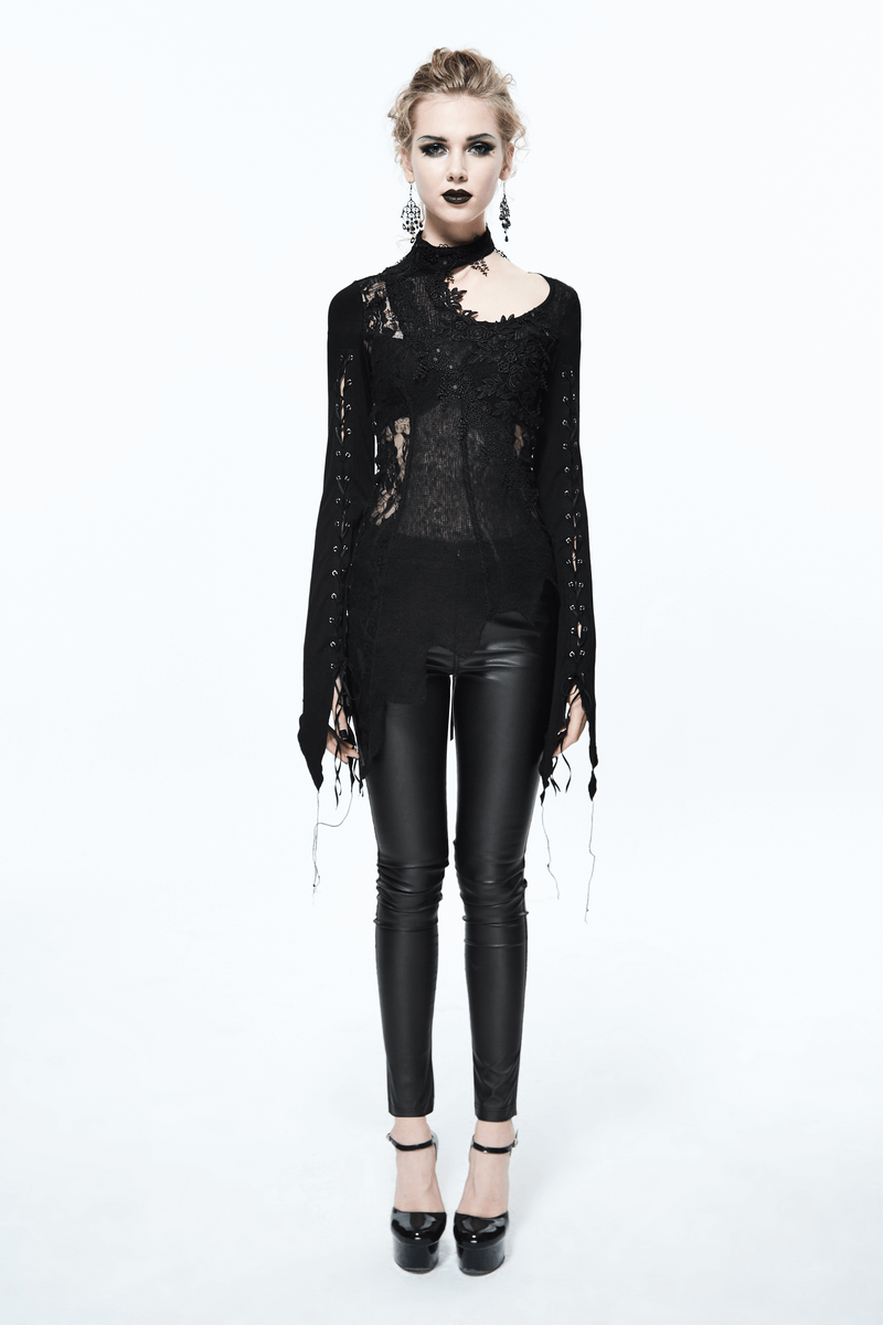 Black Women's Sexy Lace Top in Gothic Style / Asymmetric Embroidered O-Neck Top