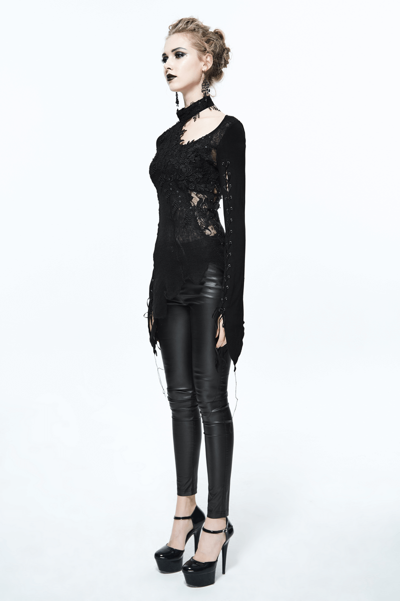 Black Women's Sexy Lace Top in Gothic Style / Asymmetric Embroidered O-Neck Top
