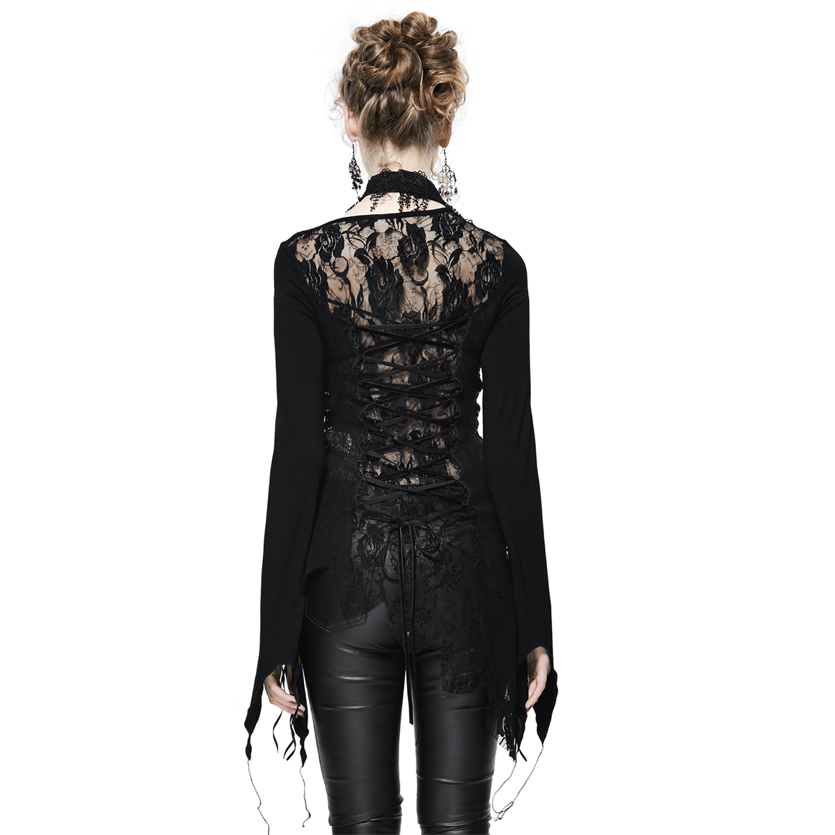 Black Women's Sexy Lace Top in Gothic Style / Asymmetric Embroidered O-Neck Top