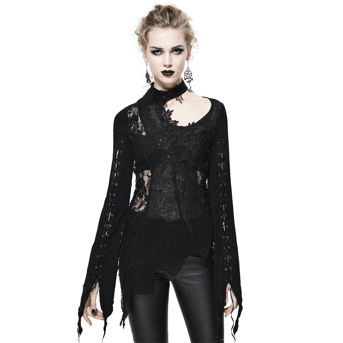 Black Women's Sexy Lace Top in Gothic Style / Asymmetric Embroidered O-Neck Top