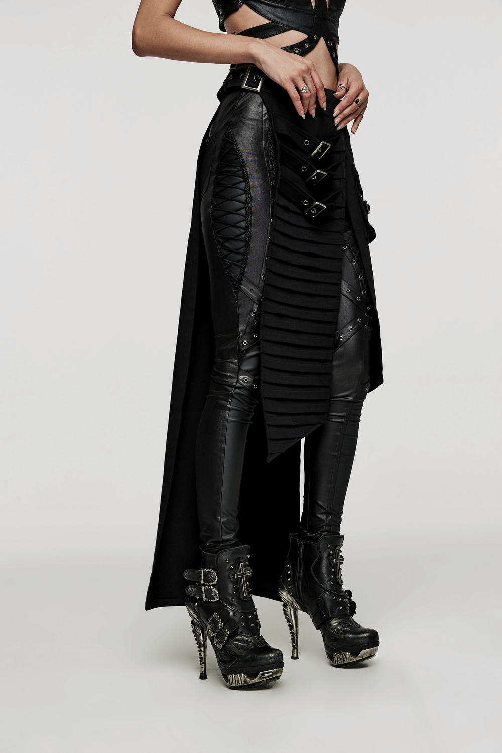 Black Wrap Maxi Skirt with Buckle Accents and Pockets