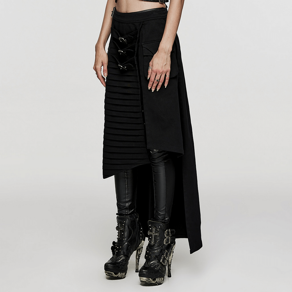 Black Wrap Maxi Skirt with Buckle Accents and Pockets